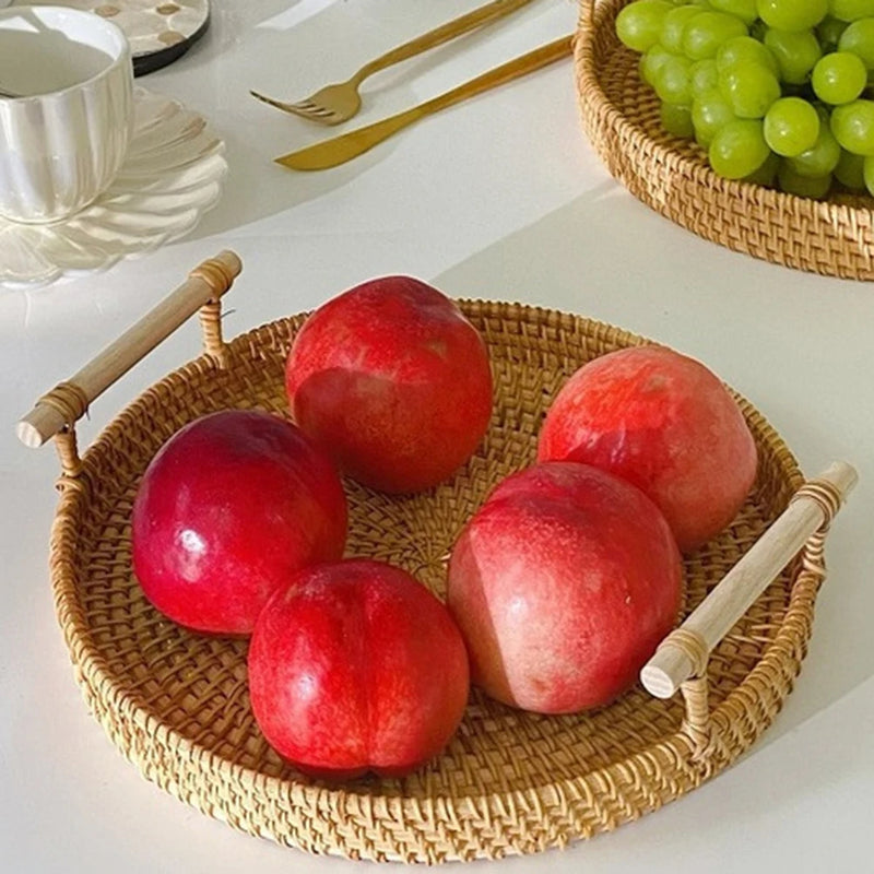 Rattan Handmade Real Rattan Fruit Storage Basket With Wooden Handle Round Wicker Basket Fruit Cake Platter Dinner Serving Tray