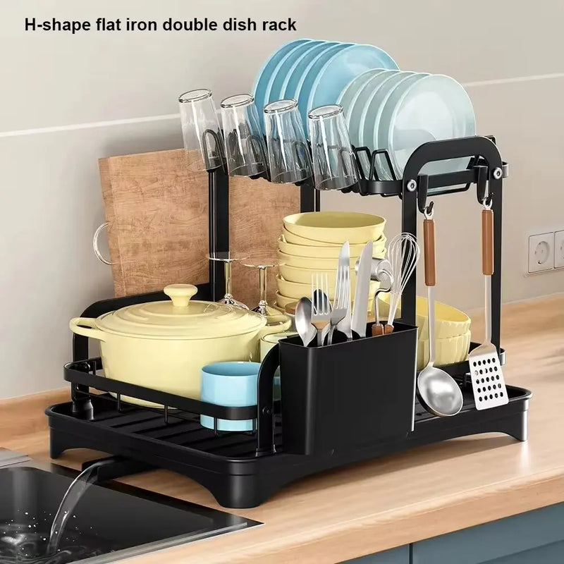2025 NEW 2-layer countertop tableware storage rack drain plate bowl dish drain rack kitchen dish drain rack with drain rack
