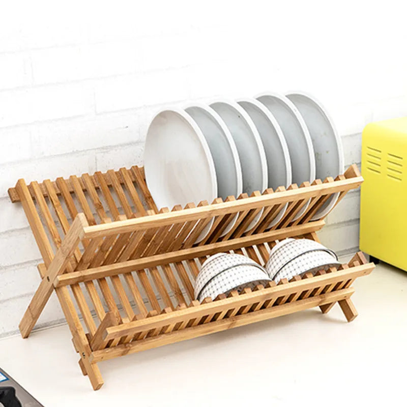 Bamboo Dish Drying Rack Utensil Holder Collapsible Wooden Dish Drainer Rack 2-Tier Folding Drying Holder for Kitchen Counter