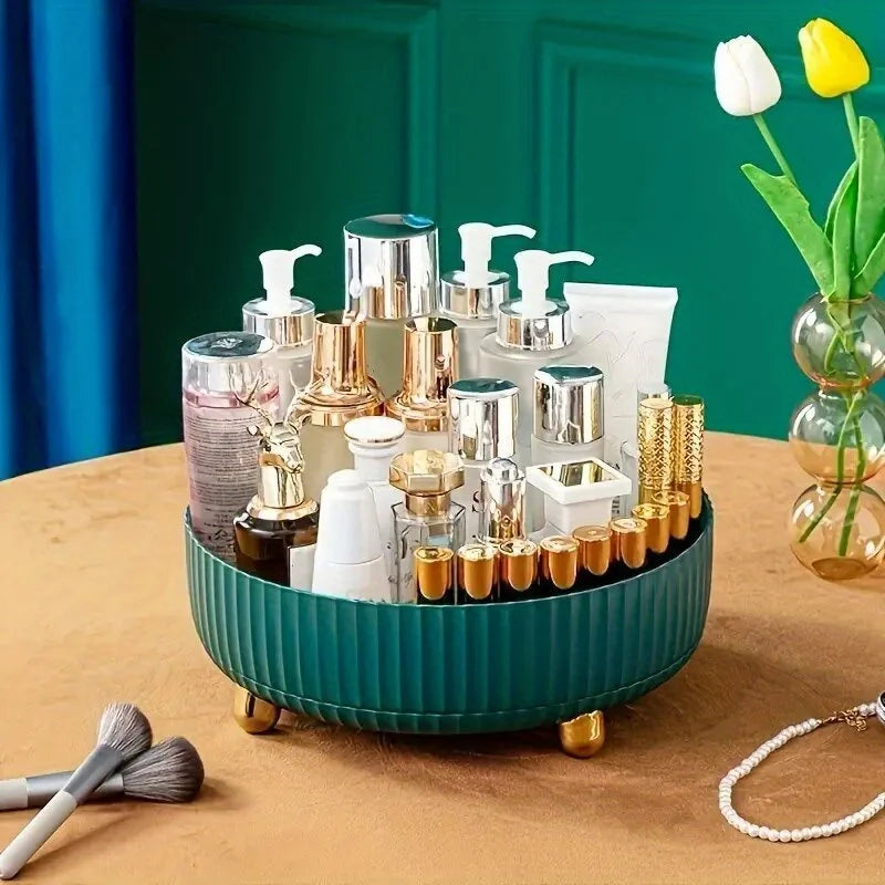 1pc 360 Degree Rotating Cosmetic Storage Box, Large Capacity Makeup Organizer, Plastic Round Skin Care Products Display Case