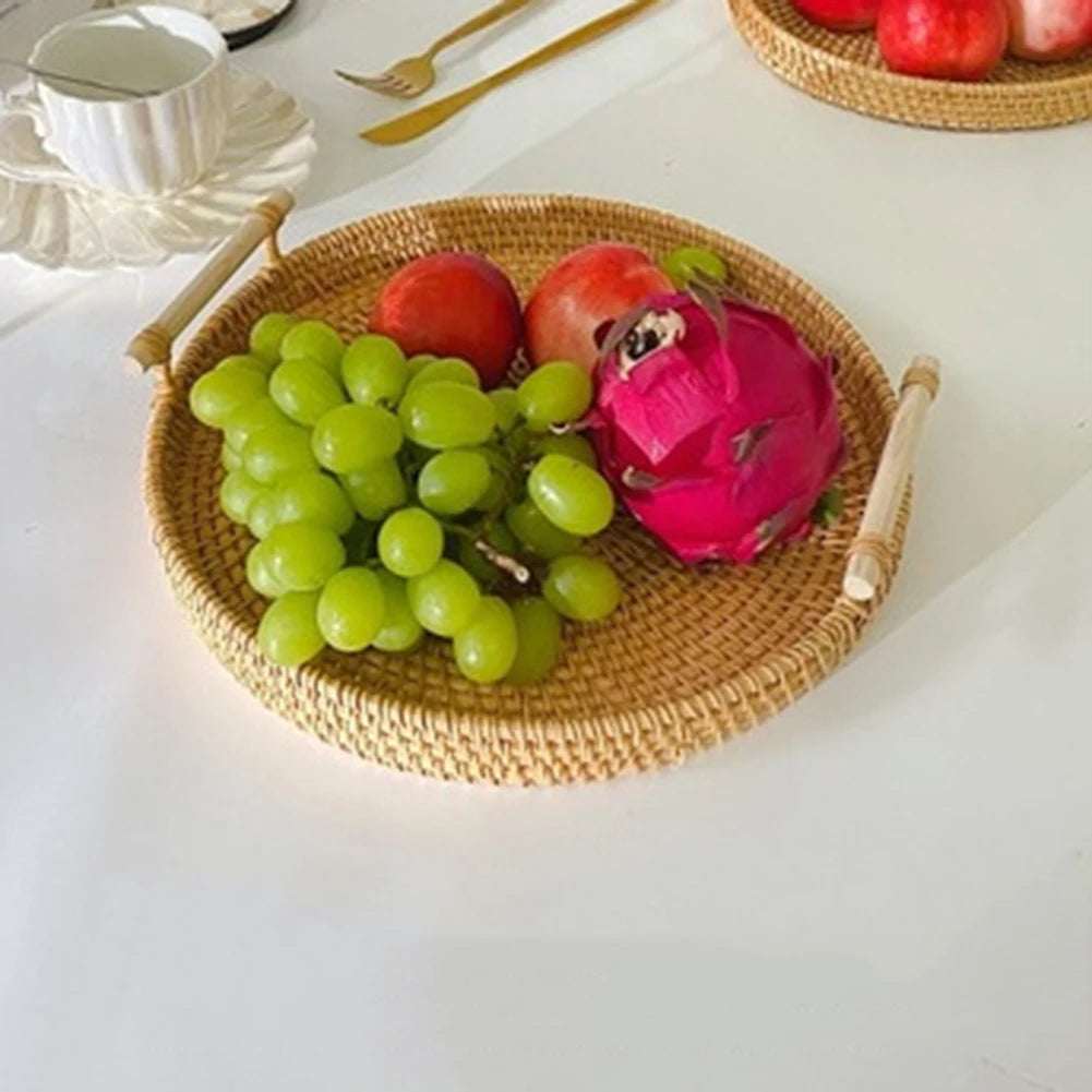Rattan Handmade Real Rattan Fruit Storage Basket With Wooden Handle Round Wicker Basket Fruit Cake Platter Dinner Serving Tray
