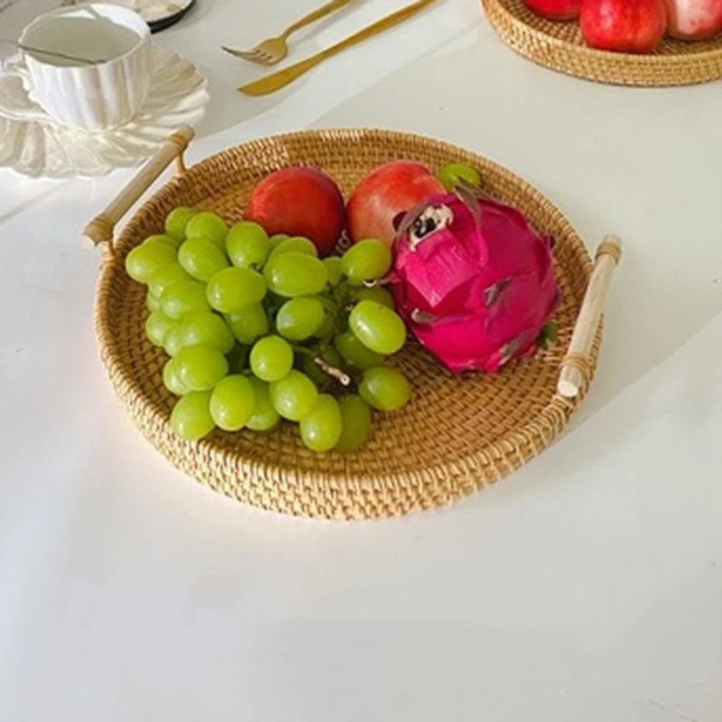 Rattan Handmade Real Rattan Fruit Storage Basket With Wooden Handle Round Wicker Basket Fruit Cake Platter Dinner Serving Tray