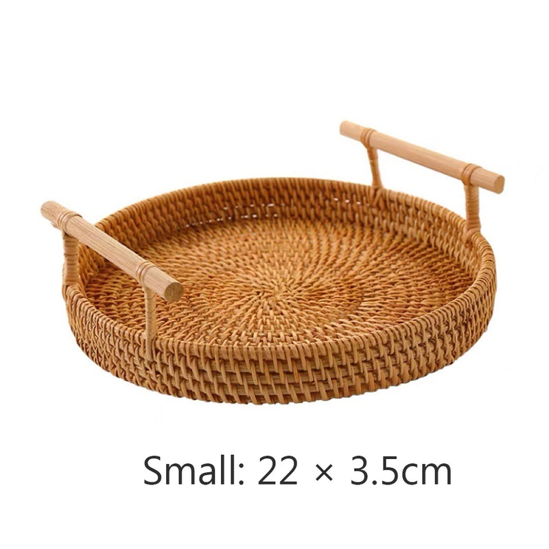 Rattan Handmade Real Rattan Fruit Storage Basket With Wooden Handle Round Wicker Basket Fruit Cake Platter Dinner Serving Tray