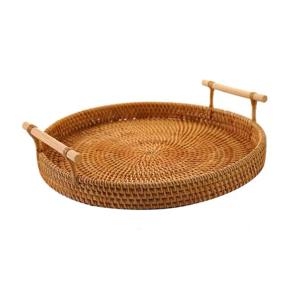 Rattan Handmade Real Rattan Fruit Storage Basket With Wooden Handle Round Wicker Basket Fruit Cake Platter Dinner Serving Tray