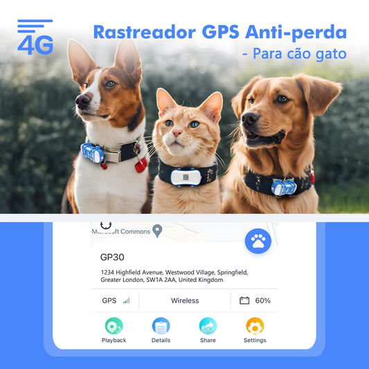 ‌4G Dog Cat GPS Tracker for Pets - Waterproof Smart Locator with App, Live Tracking & Light/Sound Search, Free Trial Included