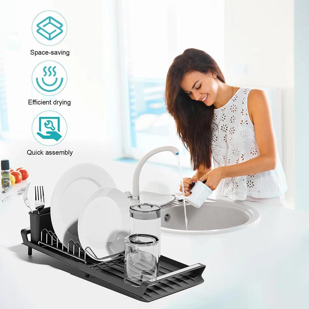 Dish Drying Rack Extendable Dish Rack for Kitchen Countertop with Draining Tray Rustfree Rack for 8 Plates with 2 Utensil Holder