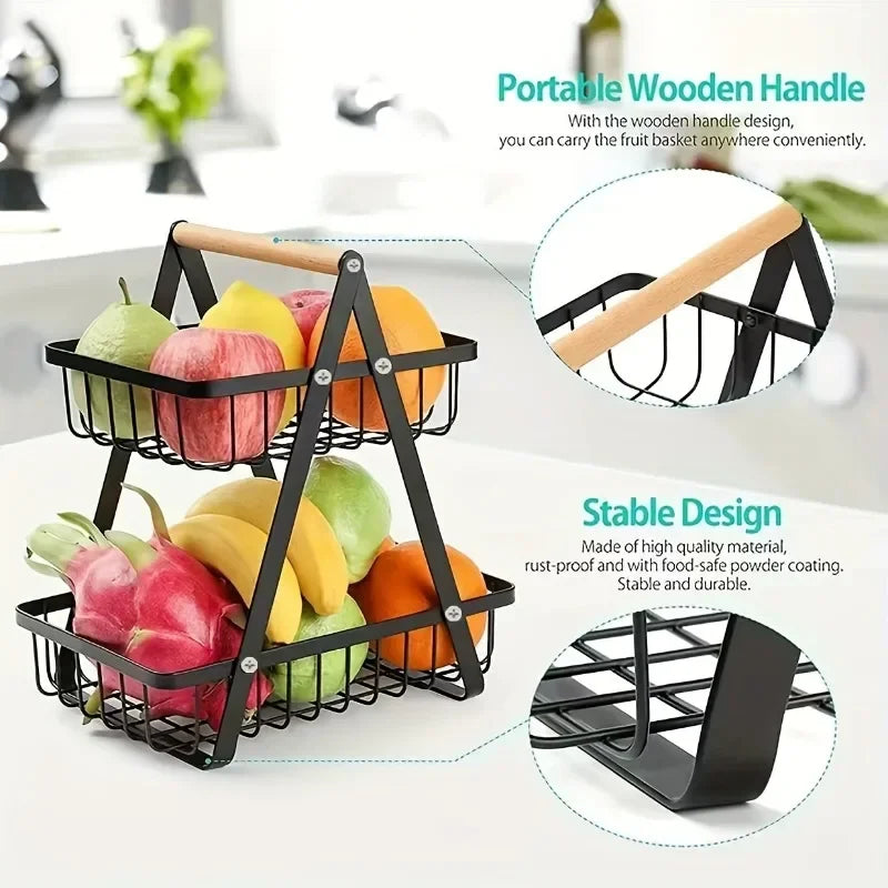 Countertop Fruit Vegetable Basket Removable Kitchen Organizer Shelf with Wooden Handle Bathroom Cosmetic Stand Storage Holder