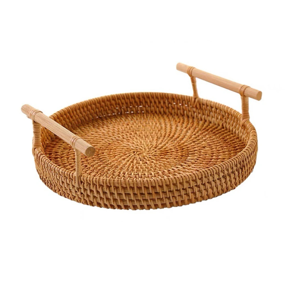 Rattan Handmade Real Rattan Fruit Storage Basket With Wooden Handle Round Wicker Basket Fruit Cake Platter Dinner Serving Tray