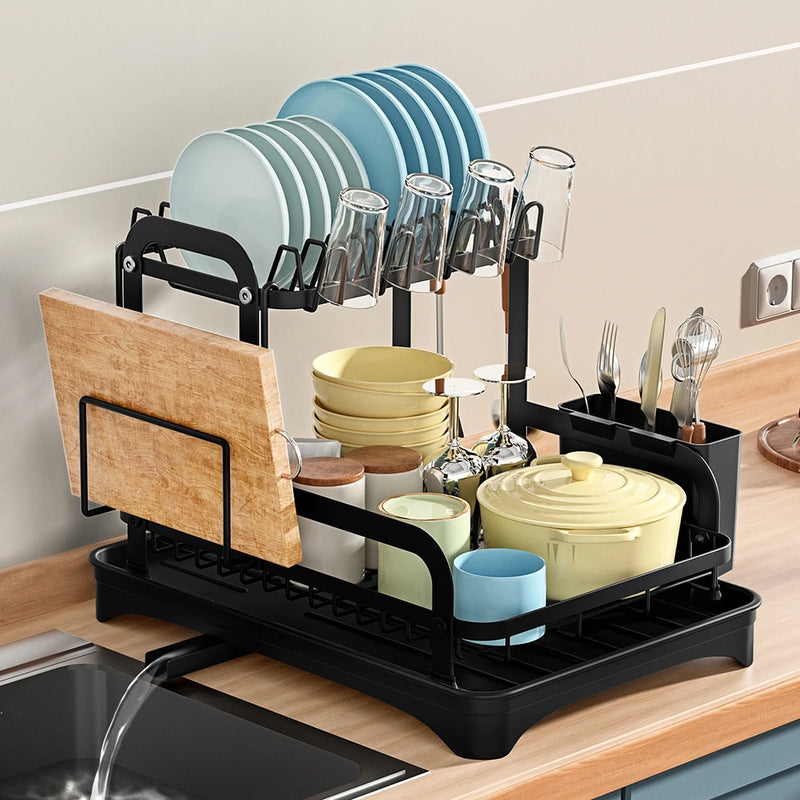 2025 NEW 2-layer countertop tableware storage rack drain plate bowl dish drain rack kitchen dish drain rack with drain rack
