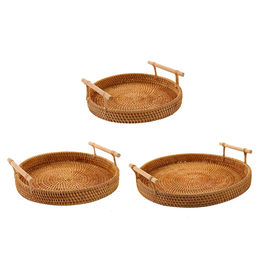 Rattan Handmade Real Rattan Fruit Storage Basket With Wooden Handle Round Wicker Basket Fruit Cake Platter Dinner Serving Tray