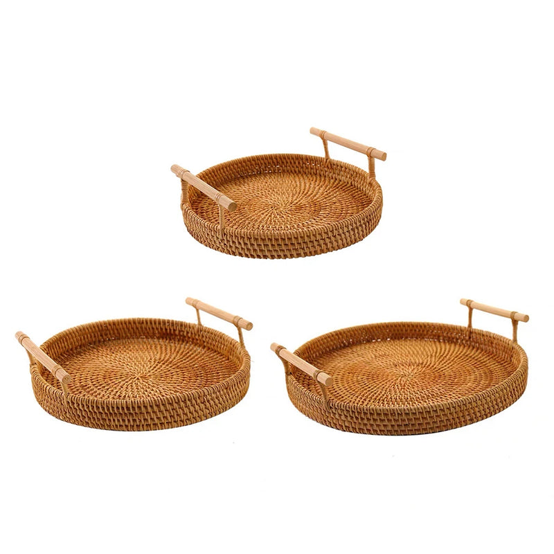 Rattan Handmade Real Rattan Fruit Storage Basket With Wooden Handle Round Wicker Basket Fruit Cake Platter Dinner Serving Tray