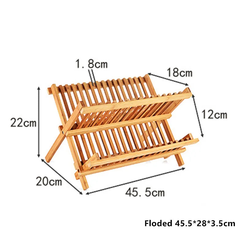 Bamboo Dish Drying Rack Utensil Holder Collapsible Wooden Dish Drainer Rack 2-Tier Folding Drying Holder for Kitchen Counter