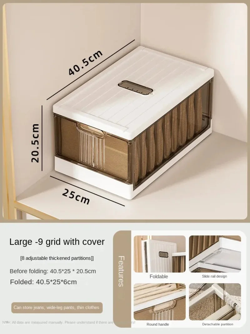 Plastic Wardrobe Clothes Organizer with Handle, Removable Dividers and Cover Stackable Foldable Closet Drawer Storage Box