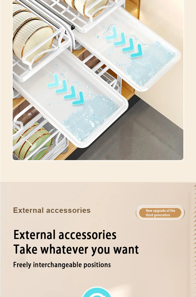 Kitchen Pull-out Dish Bowl Drainer Storage Rack Countertop Sink Cabinet Tableware Built-in Organizer Holder Cupboard Plates Rack