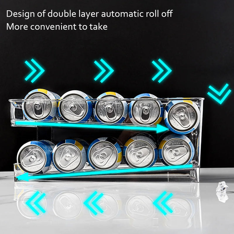 Sistema Organizador de Latinhas para Geladeira ou Freezer, Suporte em 2 camadas, sistema automático por gravidade, organizador de cerveja e refrigerante, grande capacidade, transparente