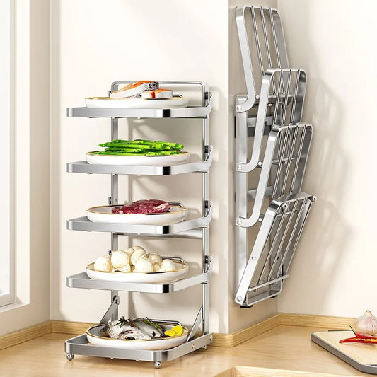 Kitchen Folding Side Dish Rack Cooking Plate Tray Organizer Counter Expandable Microwave Shelf Foldable Food Storage Shelves