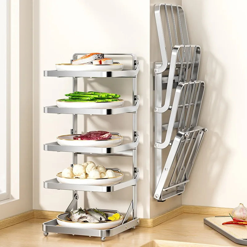 Kitchen Folding Side Dish Rack Cooking Plate Tray Organizer Counter Expandable Microwave Shelf Foldable Food Storage Shelves
