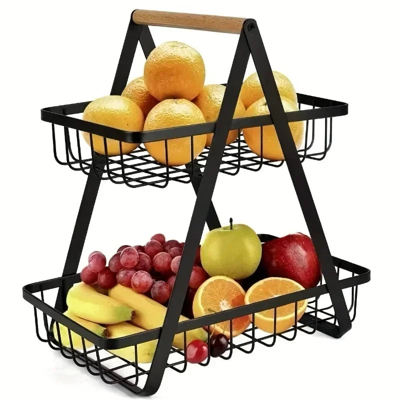 Countertop Fruit Vegetable Basket Removable Kitchen Organizer Shelf with Wooden Handle Bathroom Cosmetic Stand Storage Holder