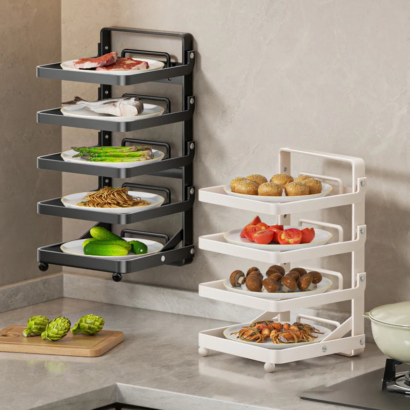Kitchen Folding Side Dish Rack Cooking Plate Tray Organizer Counter Expandable Microwave Shelf Foldable Food Storage Shelves