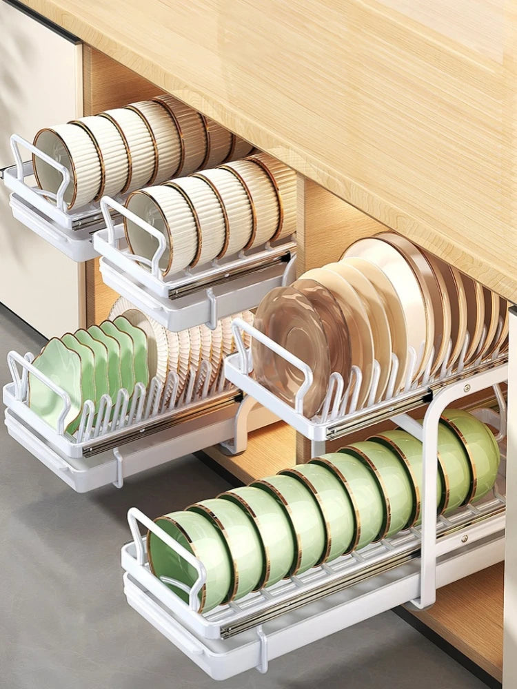 Kitchen Pull-out Dish Bowl Drainer Storage Rack Countertop Sink Cabinet Tableware Built-in Organizer Holder Cupboard Plates Rack