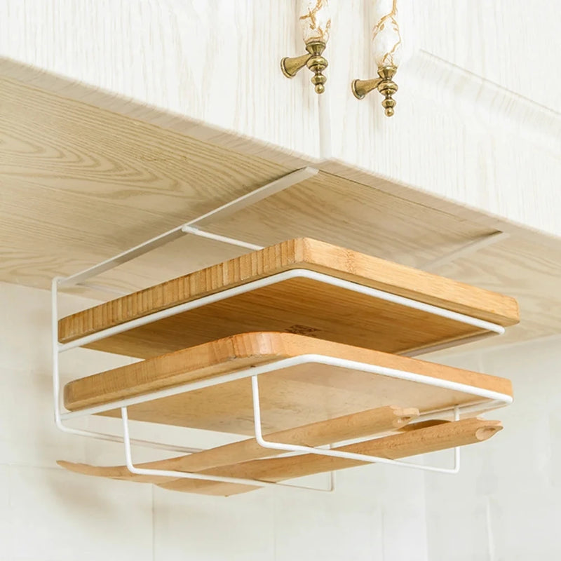 Cutting Board Kitchen Shelf, Double-Layer Perforation-Free Cabinet Hanger, Rag, Cutting Board Storage And Finishing Iron Hanger