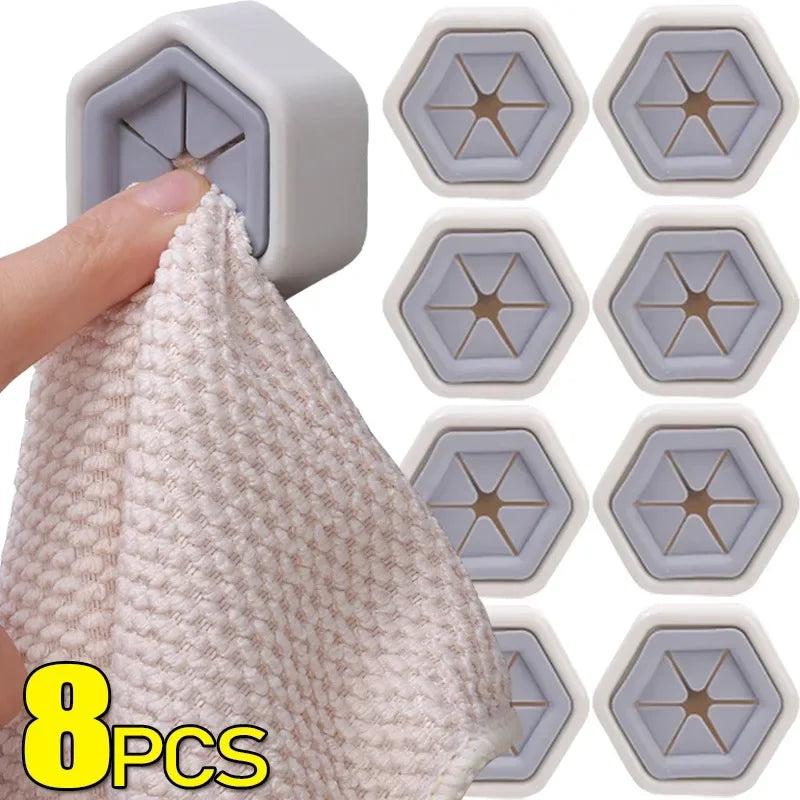 8/1pcs Self-adhesive Towel Plug Holder Punch Free Wall Mounted Tea Towels Bathroom Storage Hooks Rack Kitchen Rags Cloth Clips