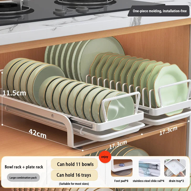 Kitchen Pull-out Dish Bowl Drainer Storage Rack Countertop Sink Cabinet Tableware Built-in Organizer Holder Cupboard Plates Rack