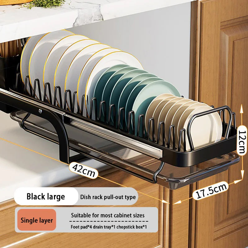 Kitchen Pull-out Dish Bowl Drainer Storage Rack Countertop Sink Cabinet Tableware Built-in Organizer Holder Cupboard Plates Rack