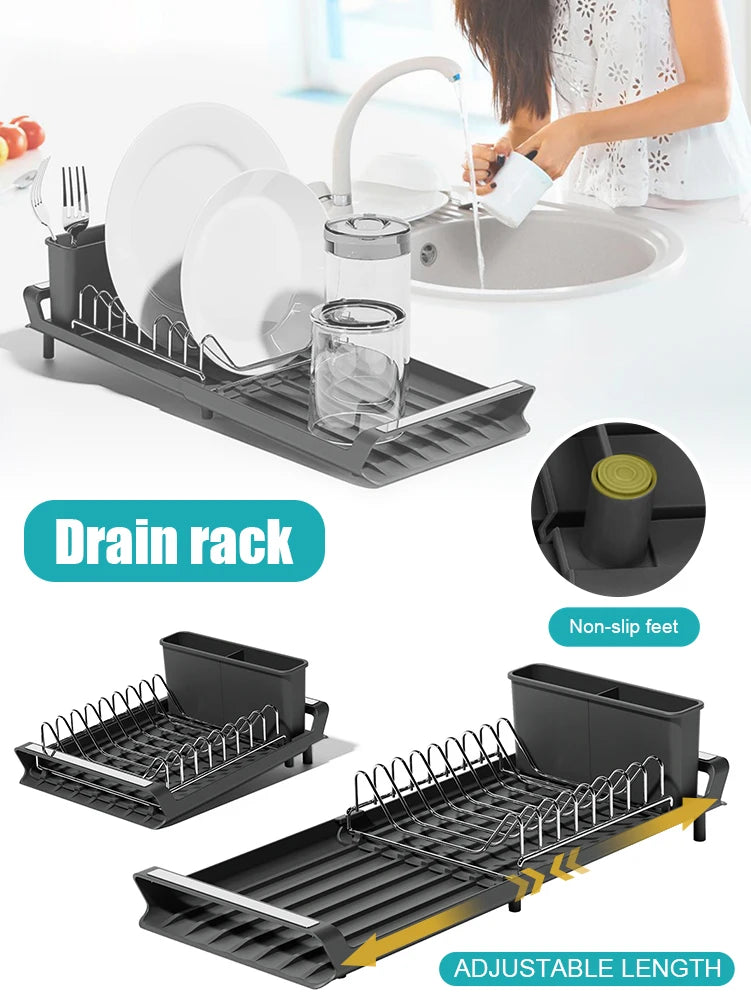 Dish Drying Rack Extendable Dish Rack for Kitchen Countertop with Draining Tray Rustfree Rack for 8 Plates with 2 Utensil Holder