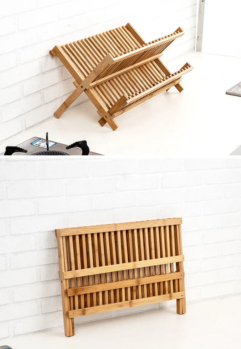 Bamboo Dish Drying Rack Utensil Holder Collapsible Wooden Dish Drainer Rack 2-Tier Folding Drying Holder for Kitchen Counter