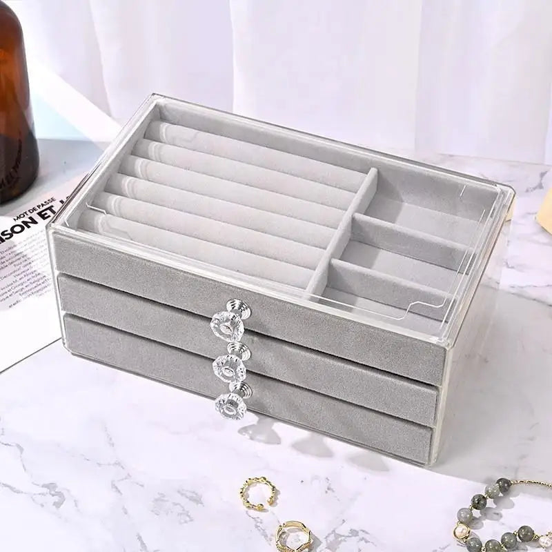 Acrylic Velvet Jewelry Organizer with 3 Drawers Stackable Display Storage Earrings Necklace Bracelets Box Holder Case for Women