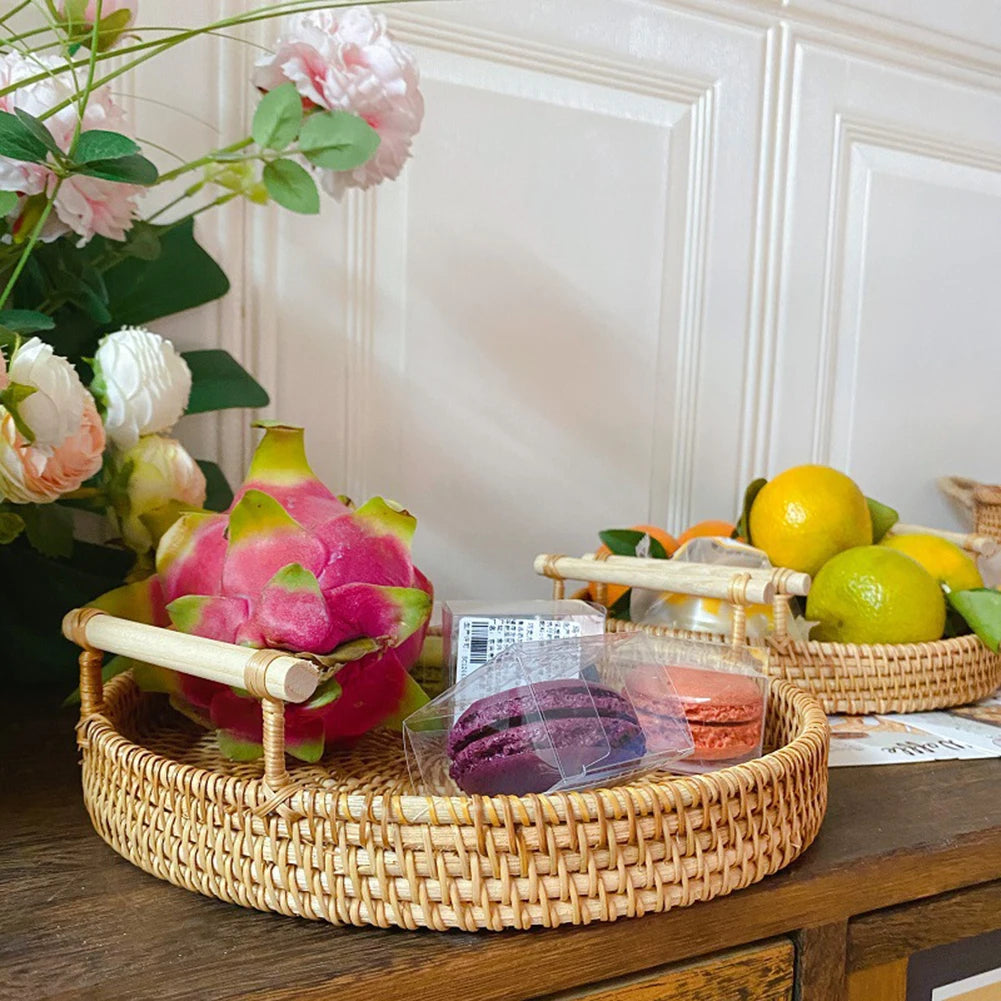Rattan Handmade Real Rattan Fruit Storage Basket With Wooden Handle Round Wicker Basket Fruit Cake Platter Dinner Serving Tray
