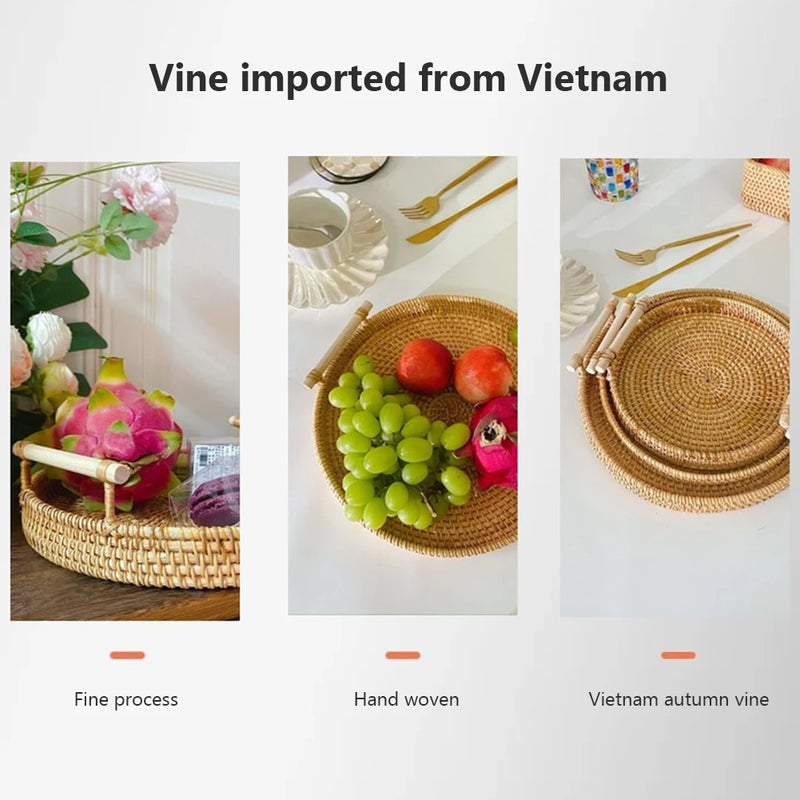 Rattan Handmade Real Rattan Fruit Storage Basket With Wooden Handle Round Wicker Basket Fruit Cake Platter Dinner Serving Tray