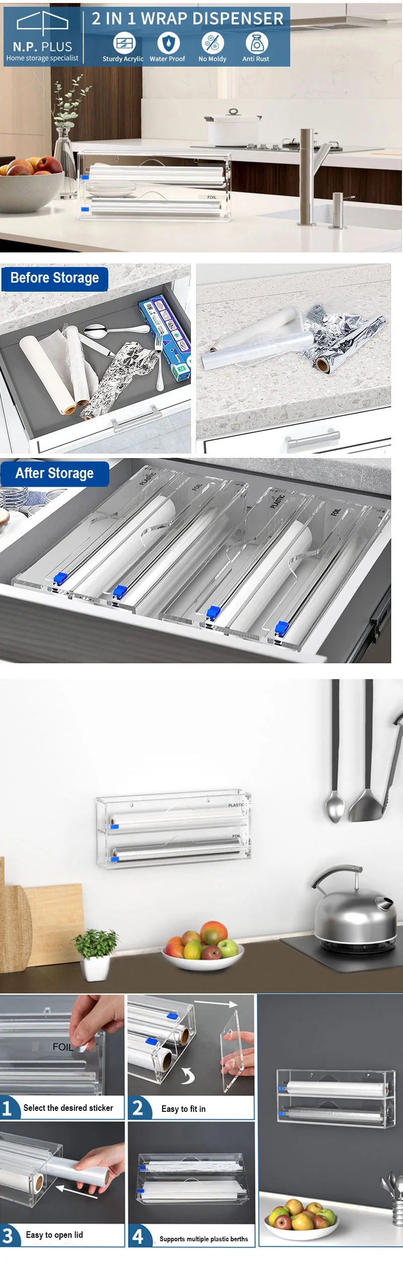Hot 3 IN 1 Plastic Wrap Dispenser with Cutter Food Wrap Cling Film Storage Organizer Acrylic Foil Organizer for Kitchen Drawer