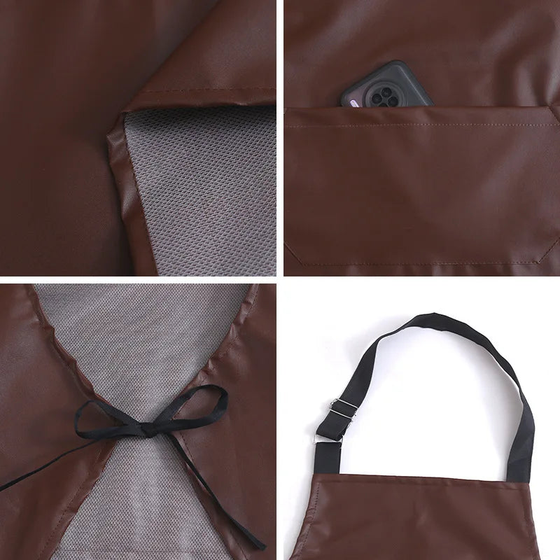 PU Leather Waterproof and Oil Resistant Apron Kitchen Workwear Home Cooking Cleaning Unisex Sleeveless Apron Adjustable