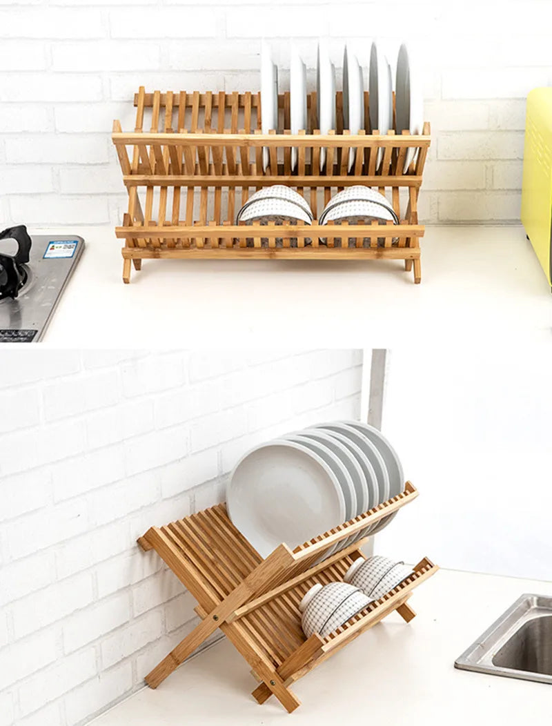 Bamboo Dish Drying Rack Utensil Holder Collapsible Wooden Dish Drainer Rack 2-Tier Folding Drying Holder for Kitchen Counter