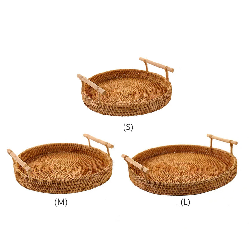 Rattan Handmade Real Rattan Fruit Storage Basket With Wooden Handle Round Wicker Basket Fruit Cake Platter Dinner Serving Tray