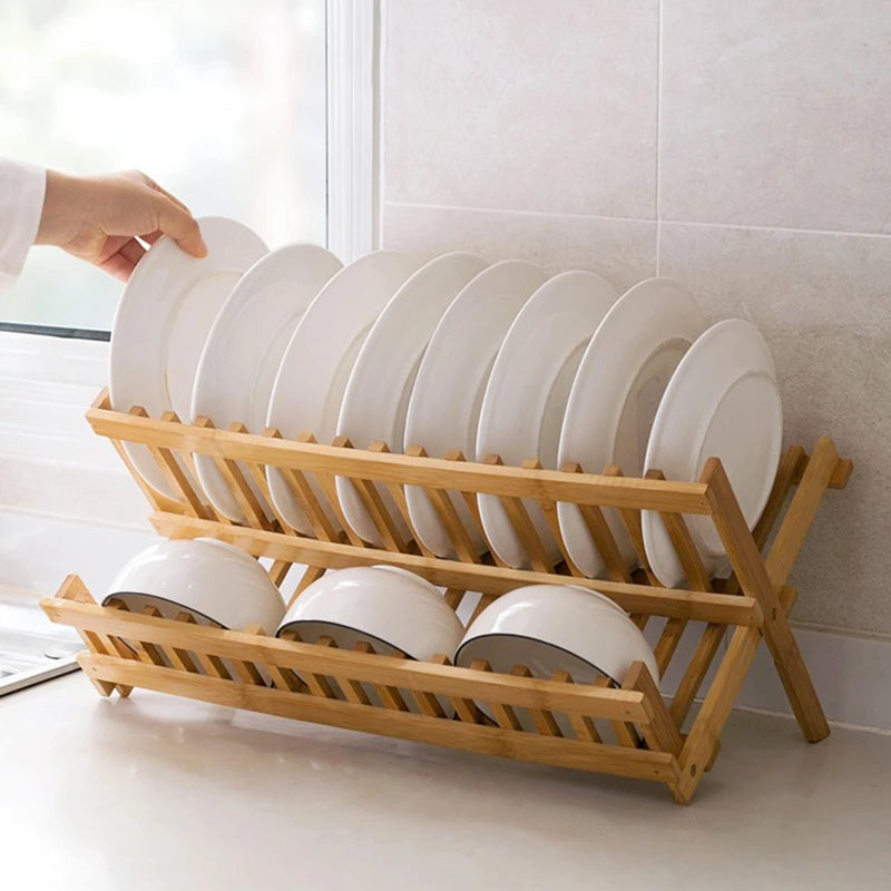 Bamboo Dish Drying Rack Utensil Holder Collapsible Wooden Dish Drainer Rack 2-Tier Folding Drying Holder for Kitchen Counter