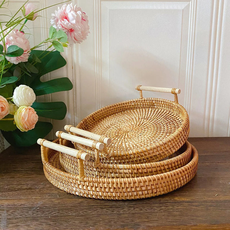 Rattan Handmade Real Rattan Fruit Storage Basket With Wooden Handle Round Wicker Basket Fruit Cake Platter Dinner Serving Tray