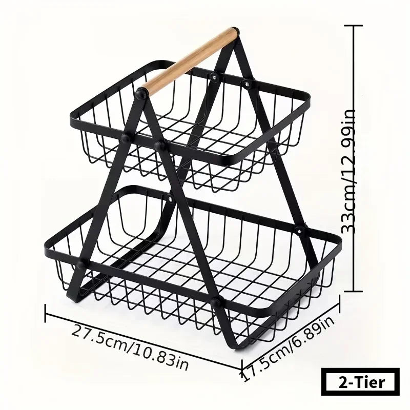 Countertop Fruit Vegetable Basket Removable Kitchen Organizer Shelf with Wooden Handle Bathroom Cosmetic Stand Storage Holder