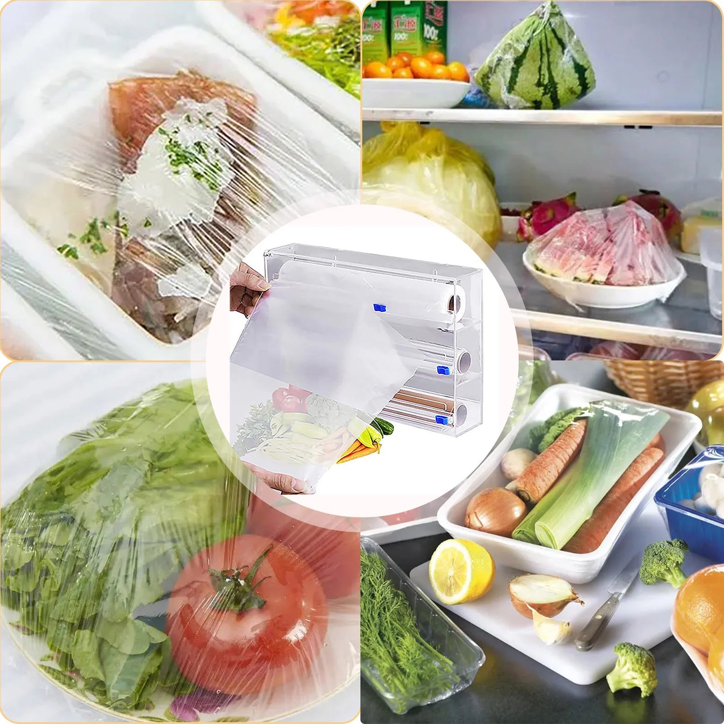 Hot 3 IN 1 Plastic Wrap Dispenser with Cutter Food Wrap Cling Film Storage Organizer Acrylic Foil Organizer for Kitchen Drawer