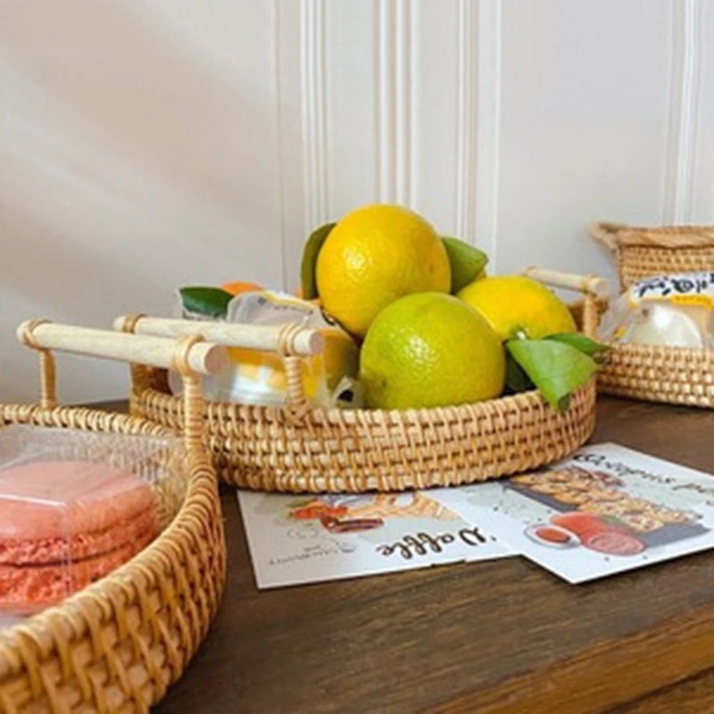 Rattan Handmade Real Rattan Fruit Storage Basket With Wooden Handle Round Wicker Basket Fruit Cake Platter Dinner Serving Tray