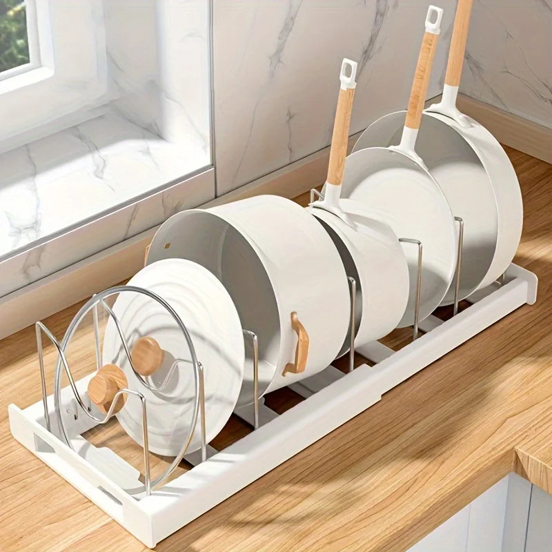 Sistema Organizador de Panelas Expansível para Armário de Cozinha, Divisor Ajustável, Solução Inteligente de Armazenamento Multiuso para Panelas, Frigideiras e Tampas