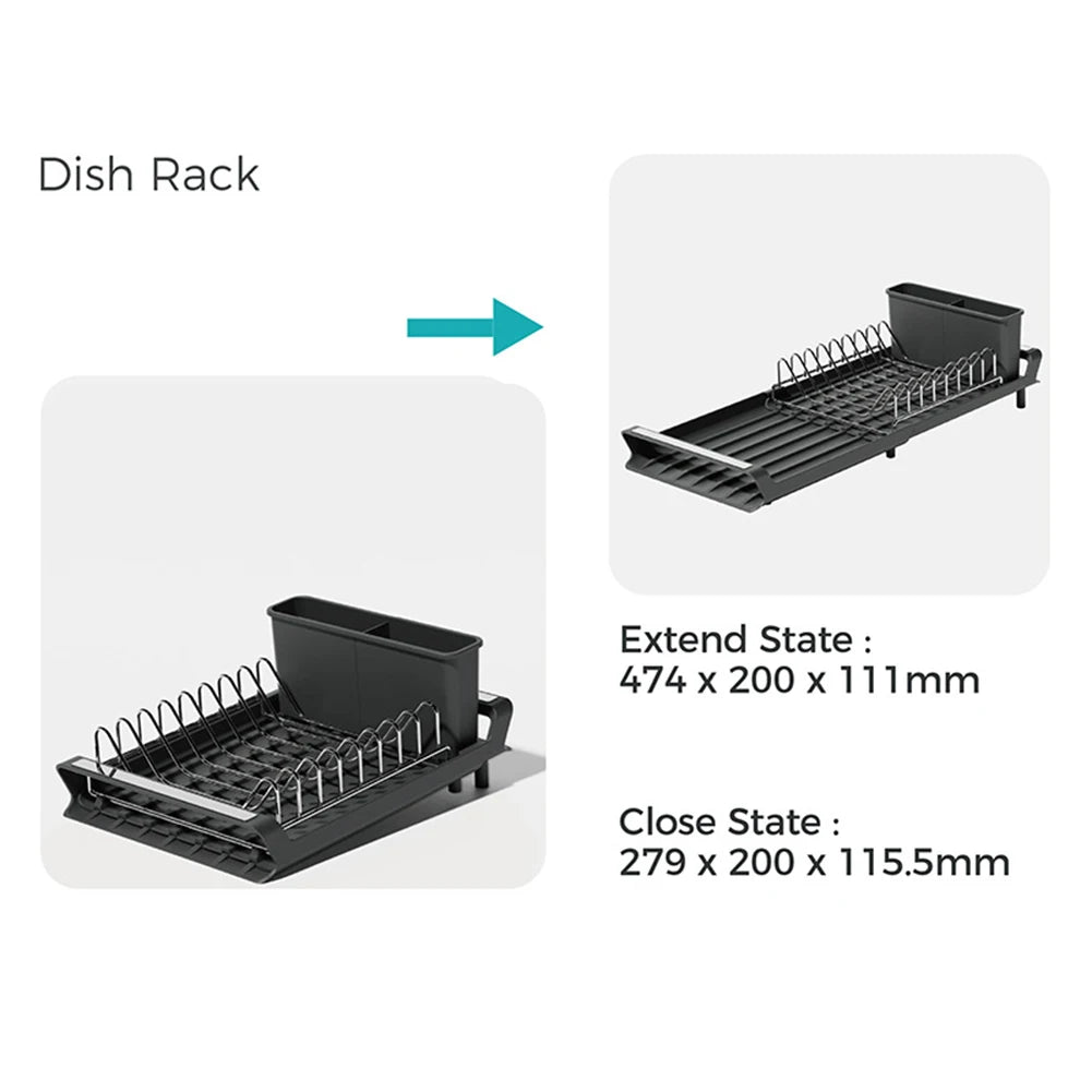Dish Drying Rack Extendable Dish Rack for Kitchen Countertop with Draining Tray Rustfree Rack for 8 Plates with 2 Utensil Holder