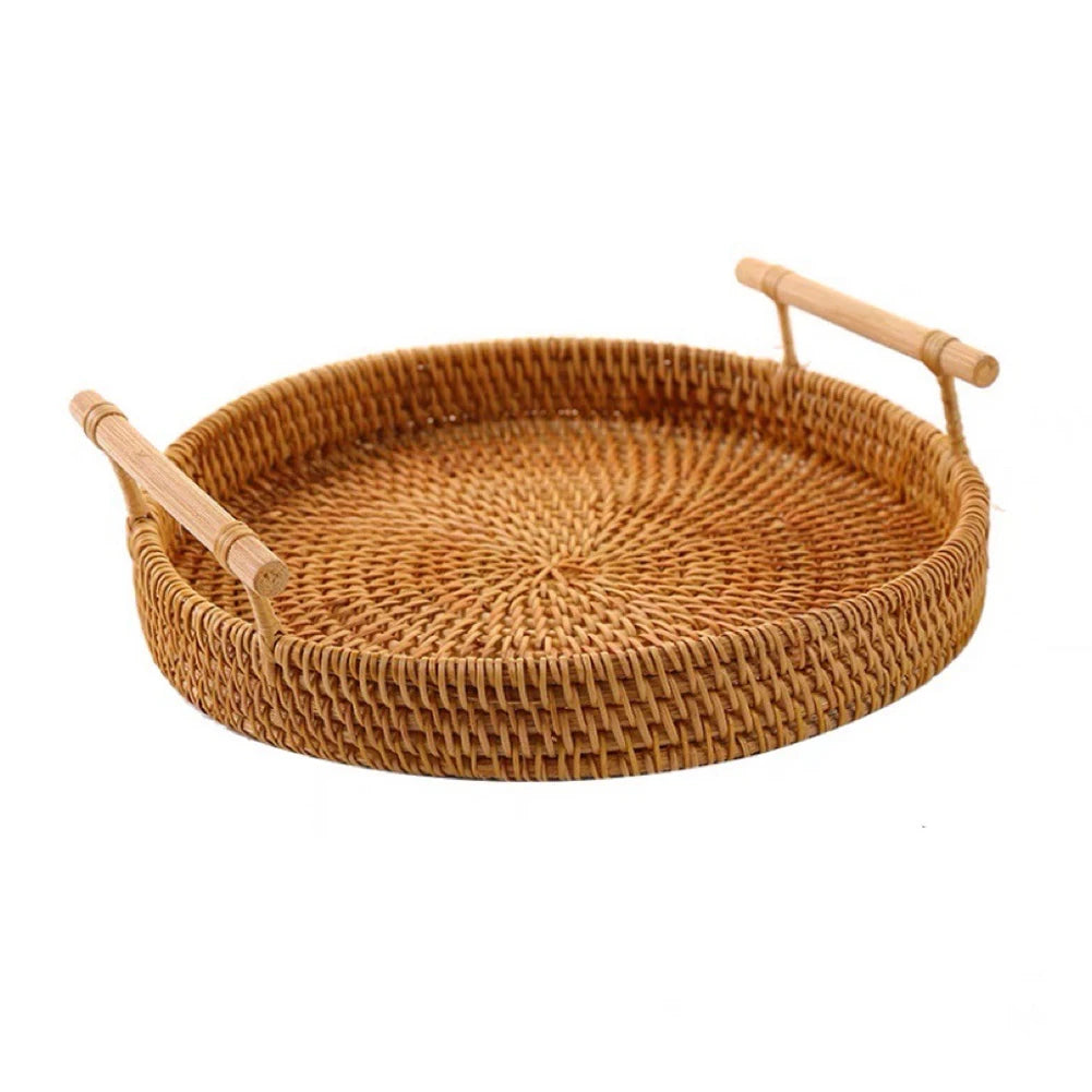 Rattan Handmade Real Rattan Fruit Storage Basket With Wooden Handle Round Wicker Basket Fruit Cake Platter Dinner Serving Tray