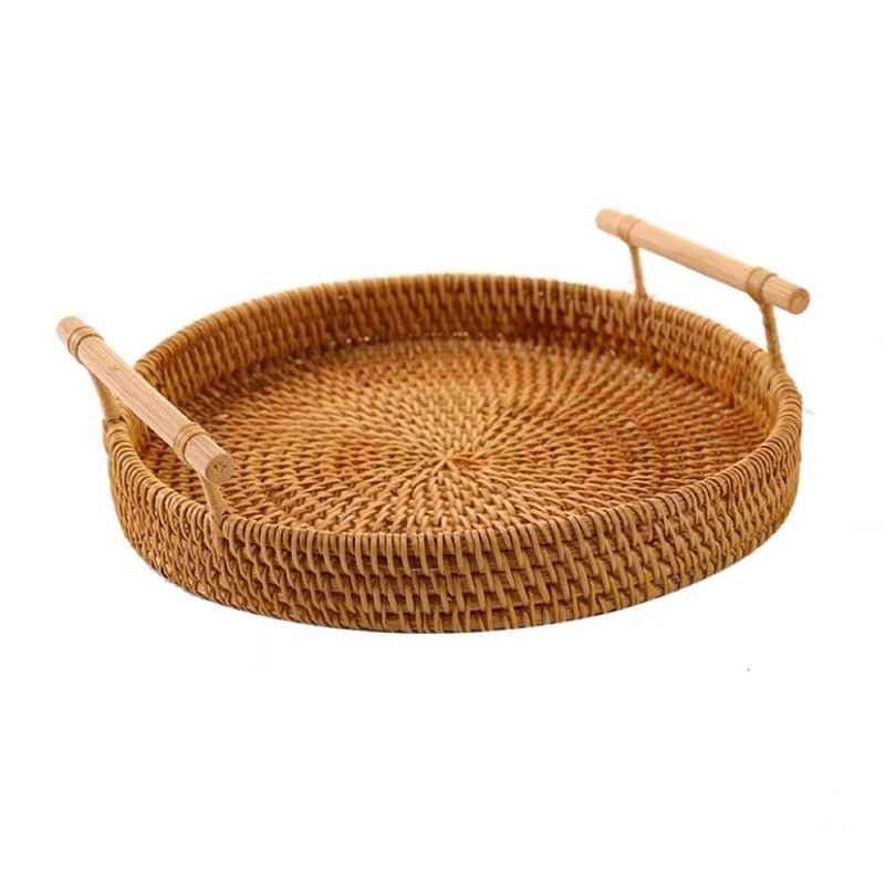 Rattan Handmade Real Rattan Fruit Storage Basket With Wooden Handle Round Wicker Basket Fruit Cake Platter Dinner Serving Tray